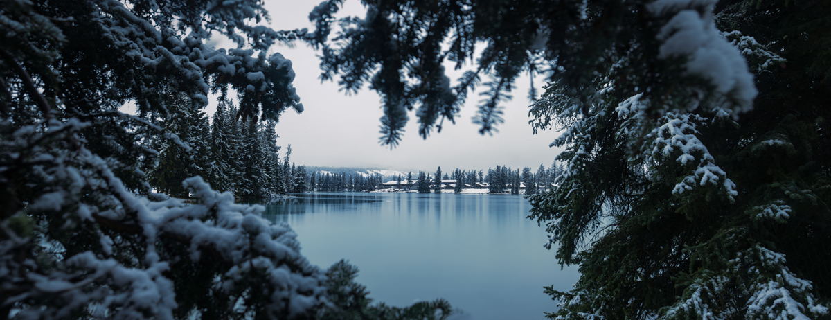 Jasper Park Lodge across Lac Beauvert in winter