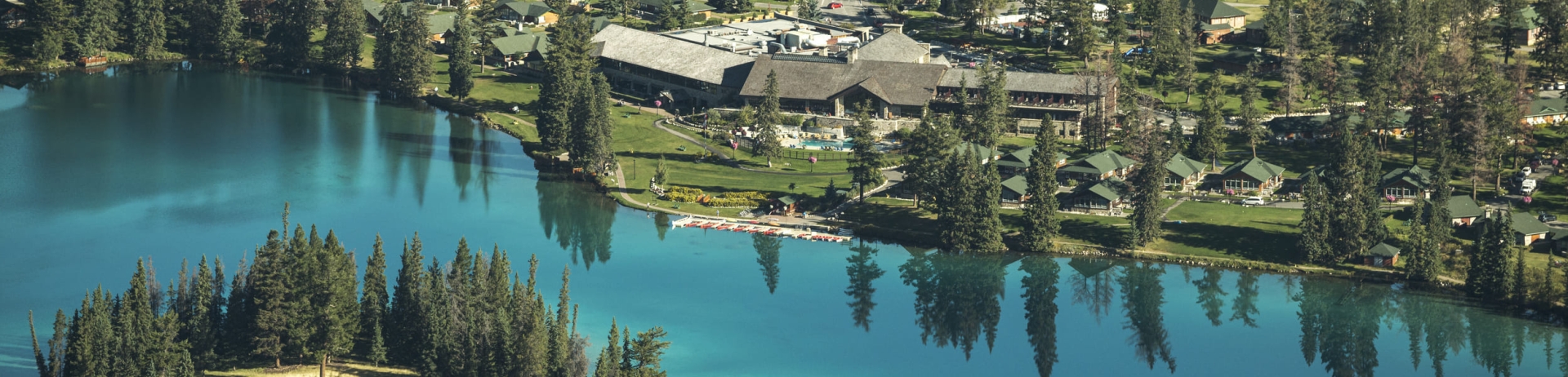 aerial view of Jasper Park Lodge and lake