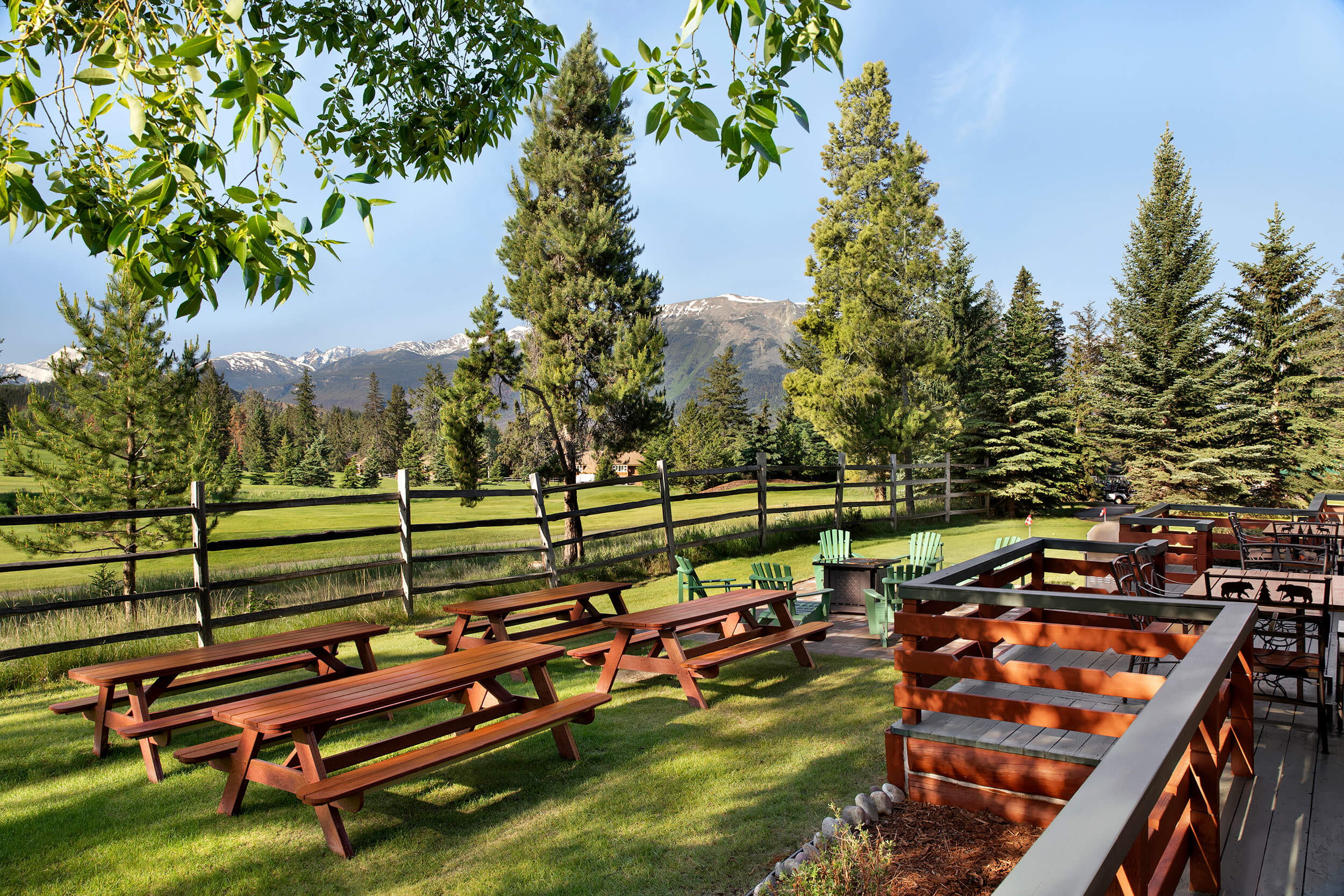 exterior picnic table with mountain view