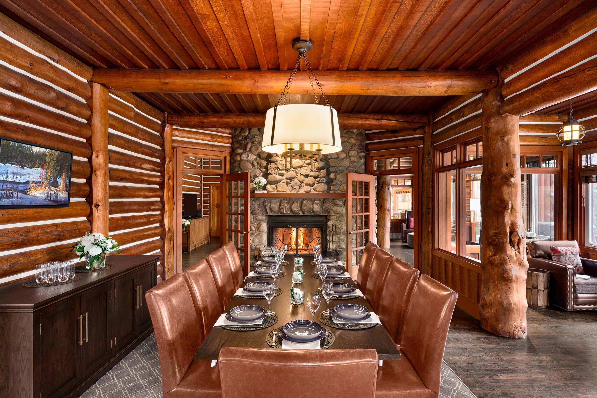 dining room with long table set for dinenr