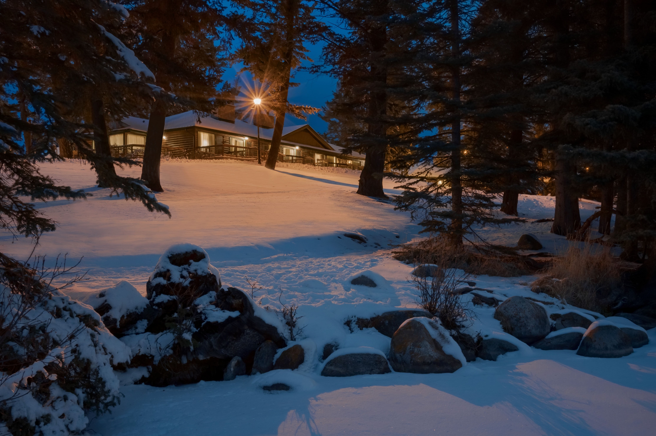 Jasper Park Lodge at night in winter