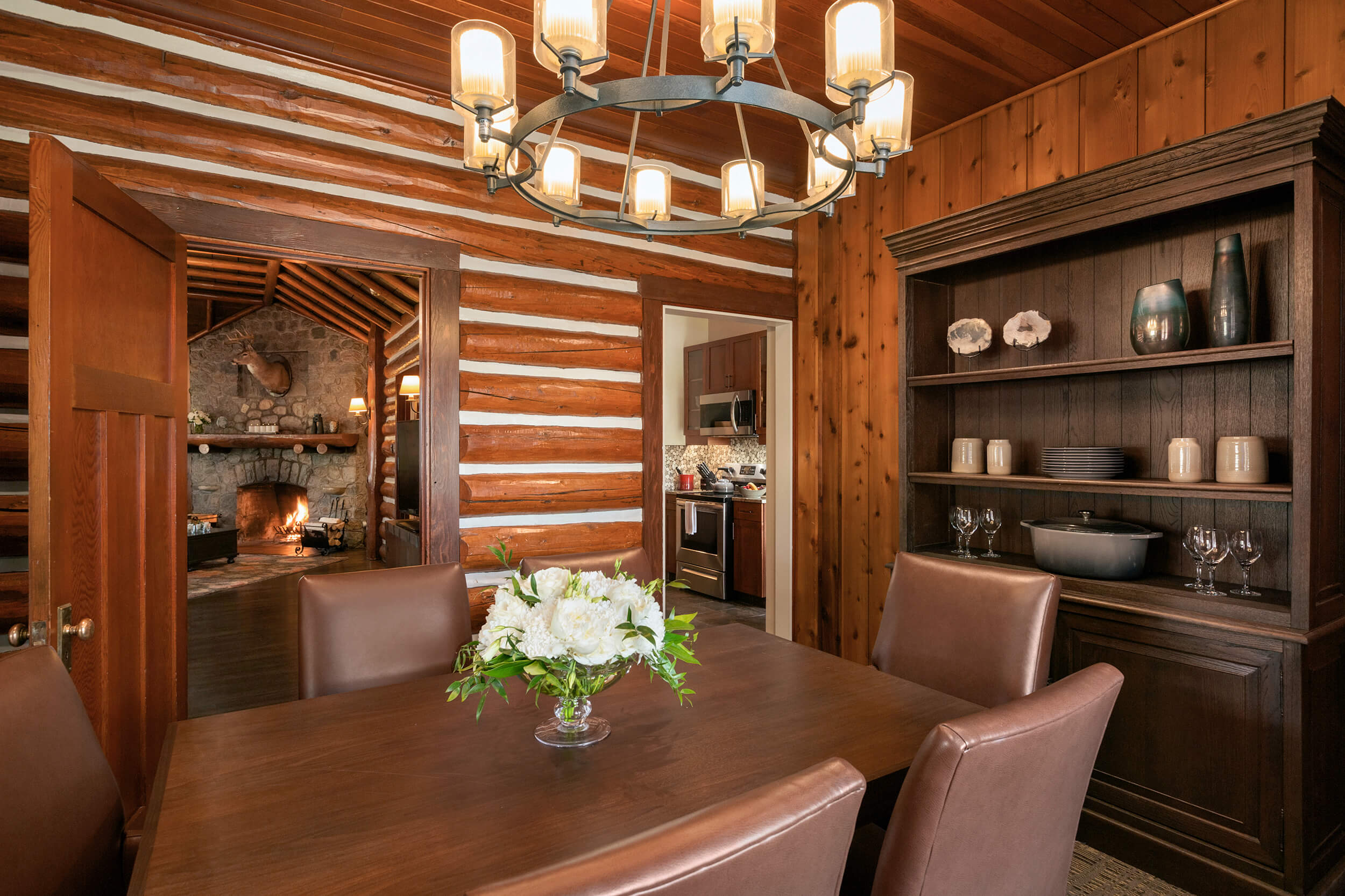 dining room with white flower centrepiece on the table