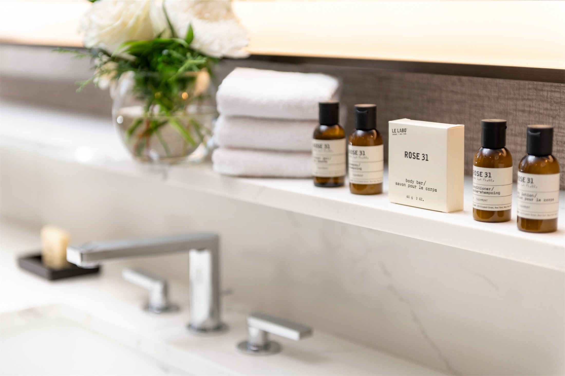 close up of rose 31 spa products in the bathroom