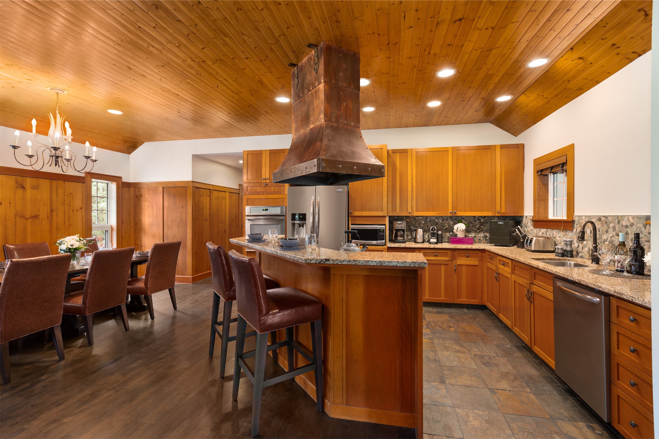 large kitchen with wooden cabinets