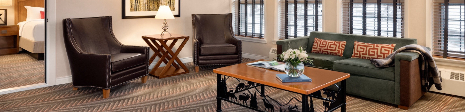 The sitting room of a hotel suite at Jasper Park Lodge