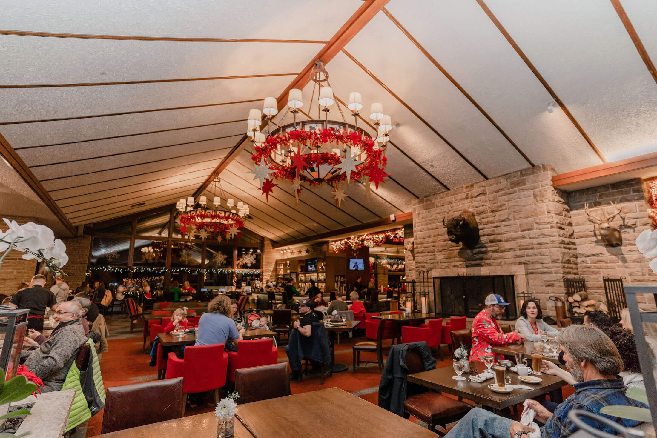 Restaurant at Jasper Park Lodge decorated for holidays