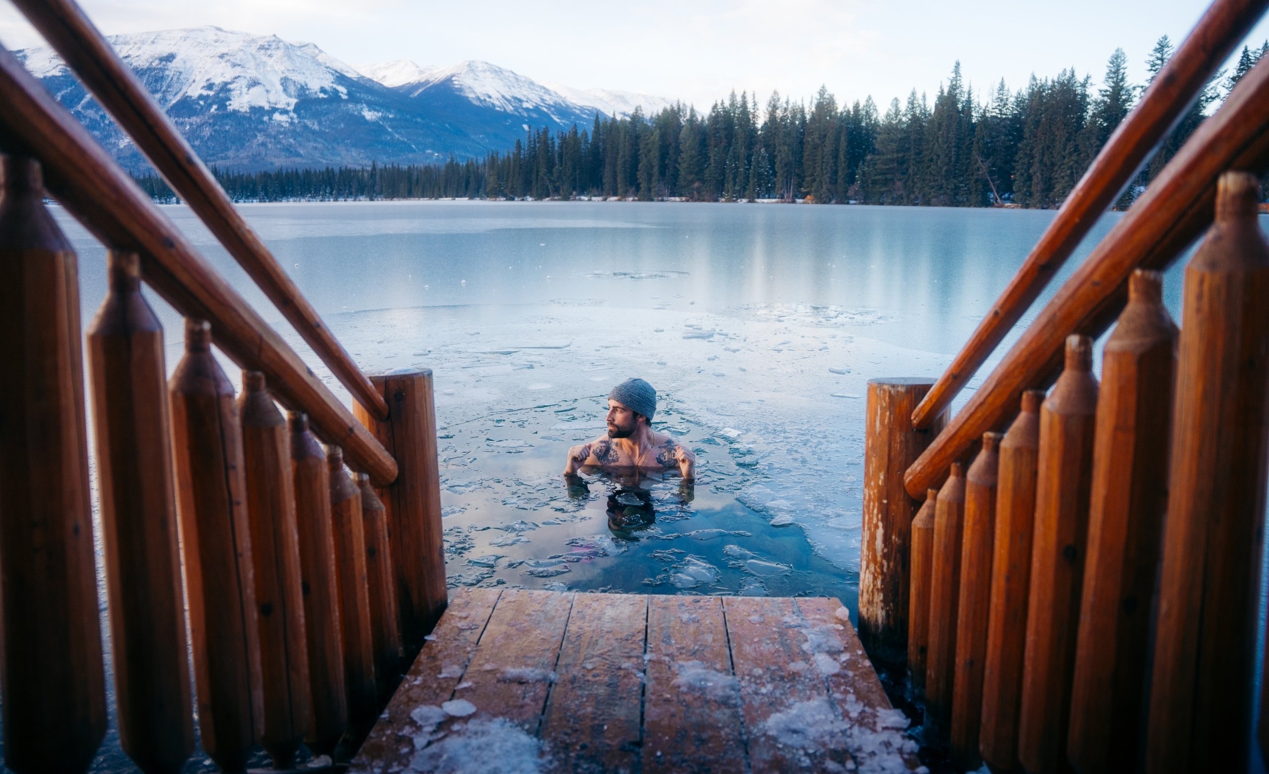 Polar Plunge in Lac Beauvert in WInter at Fairmont Jasper Park Lodge