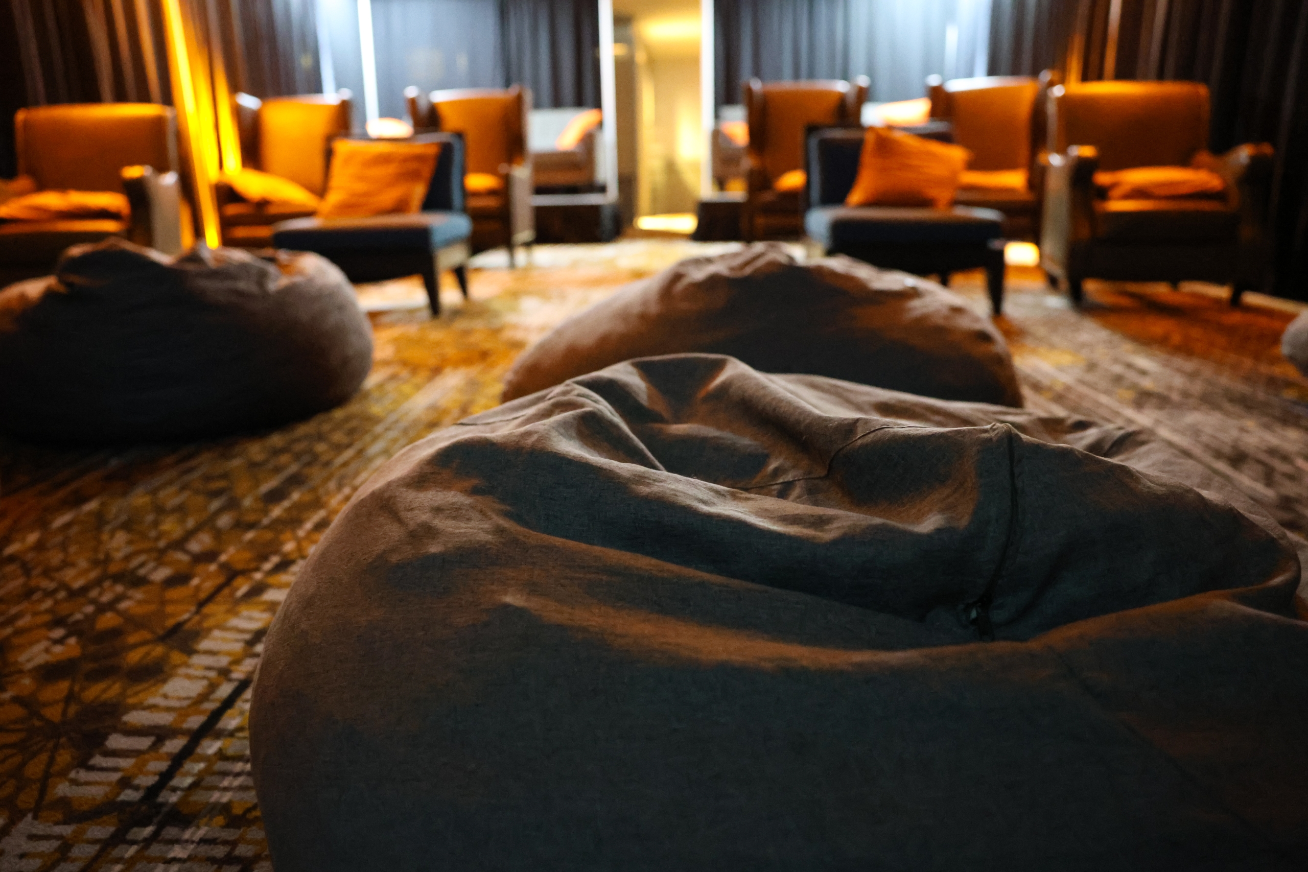 Cozy theatre room with bean bag chairs and plush seating at Fairmont Jasper Park Lodge