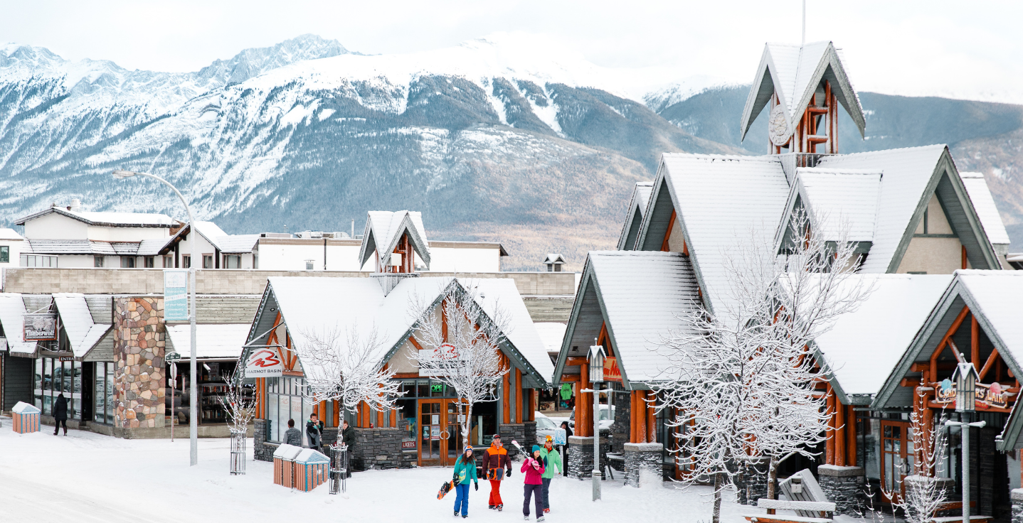 Skiiers in the town of Jasper