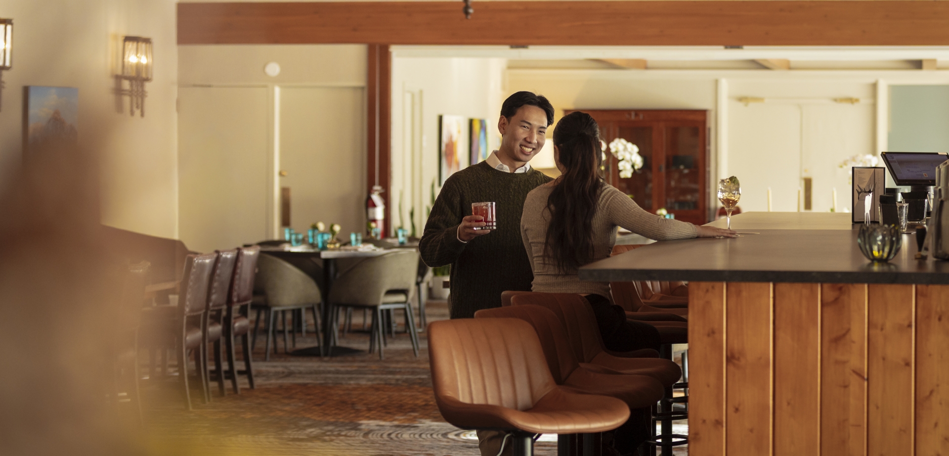 Couple enjoying a romantic moment at a restaurant
