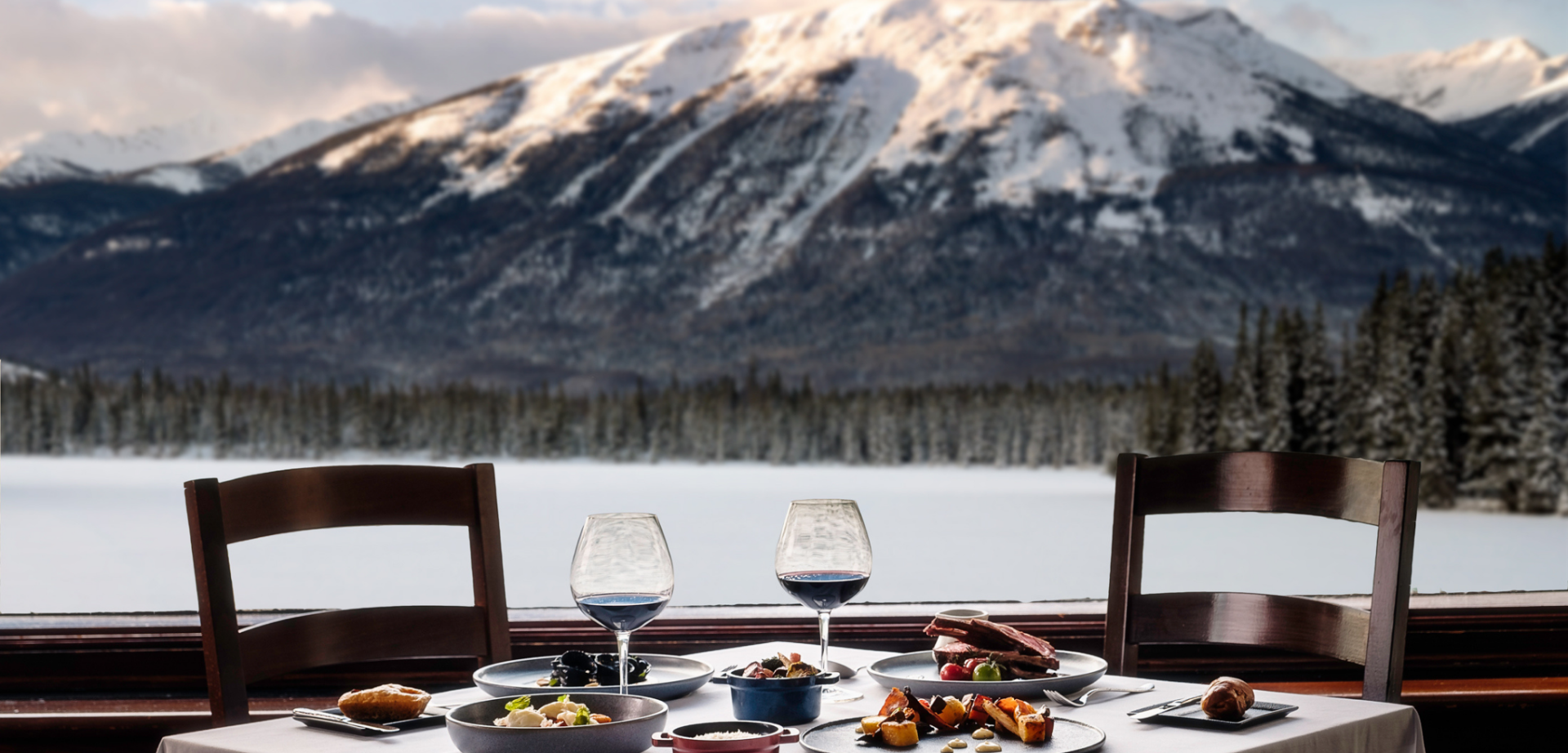A full table setting including meal, wine, and a stunning winter mountain view.