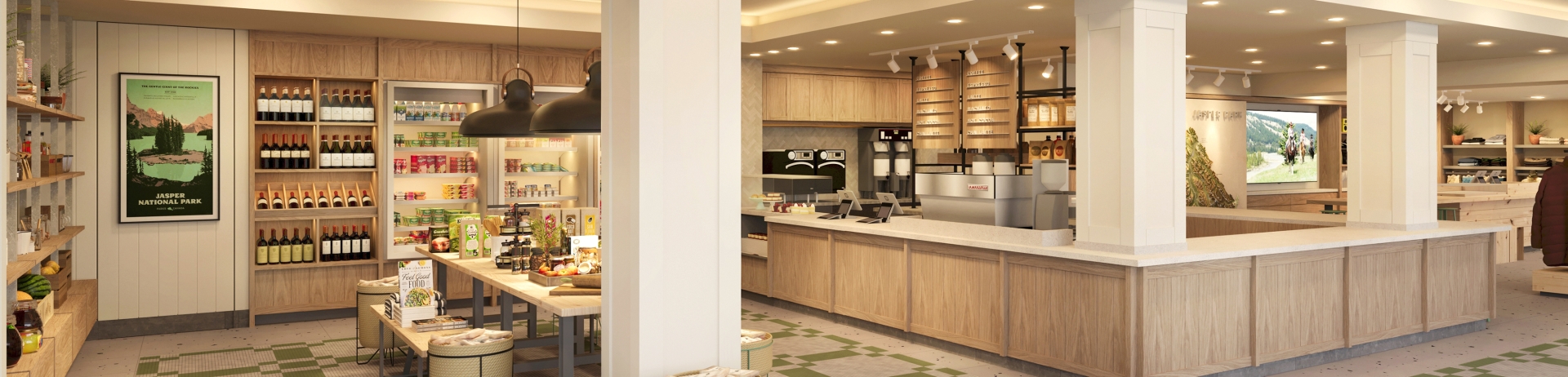 Architectural rendering of Embark Outpost + Provisions at Fairmont Jasper Park Lodge.