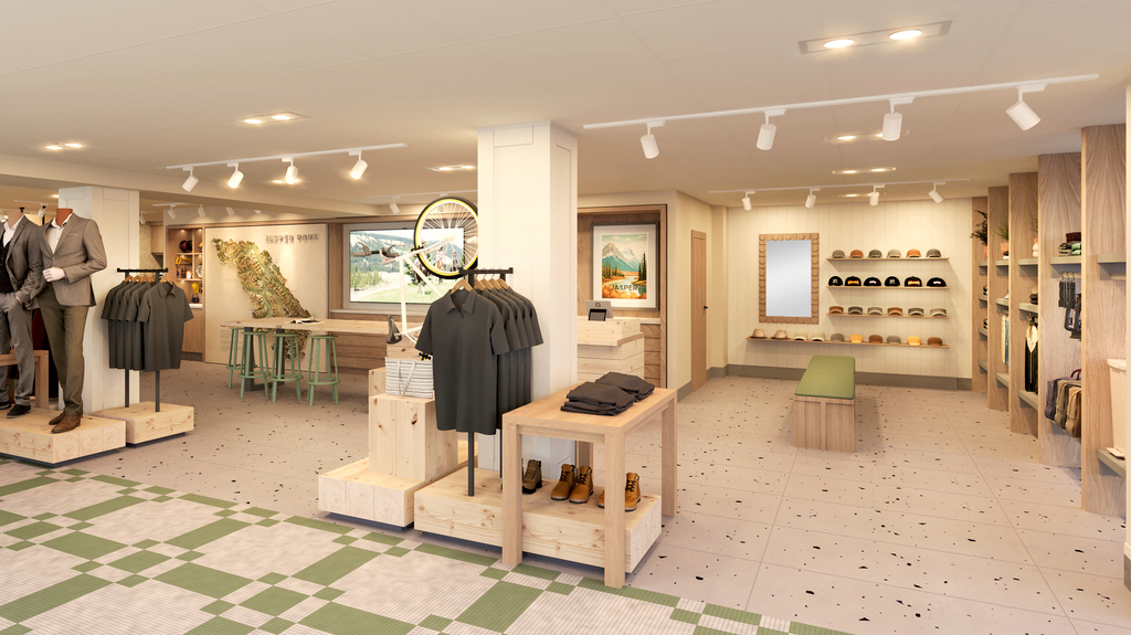 Artist Rendering of an outdoor adventure store and cafe.