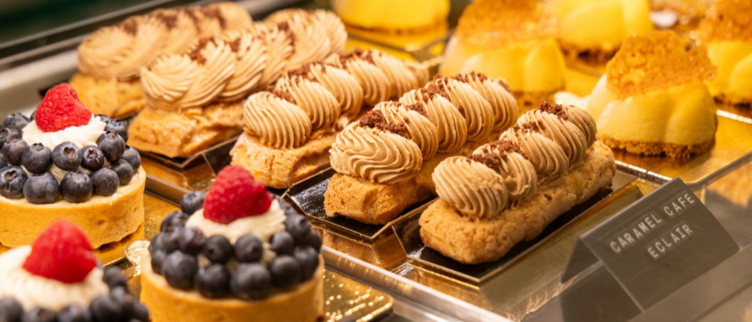 Pastries in a showcase display.