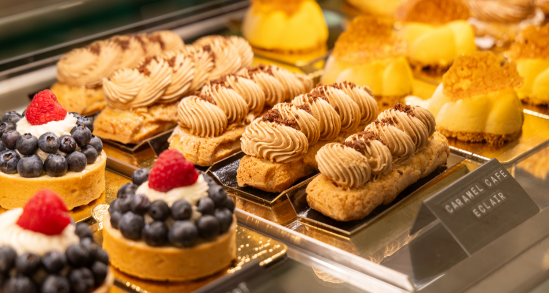 Pastries in a showcase display.