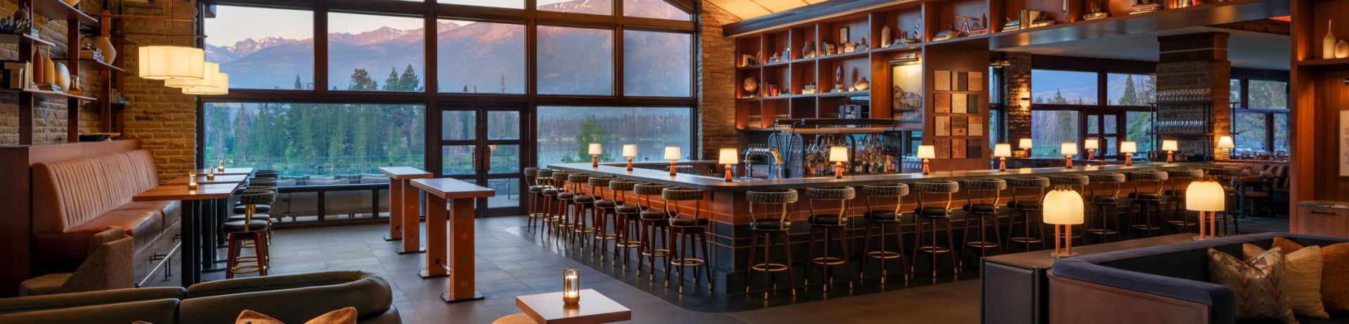 Sunset architectural photo of Lume lobby lounge at Fairmont Jasper Park Lodge
