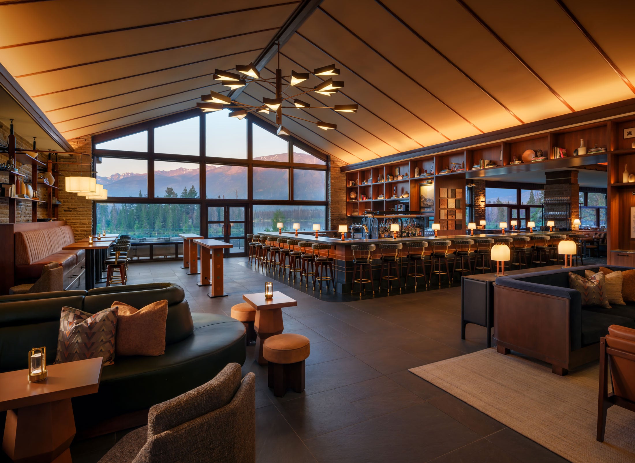 Sunset architectural photo of Lume lobby lounge at Fairmont Jasper Park Lodge