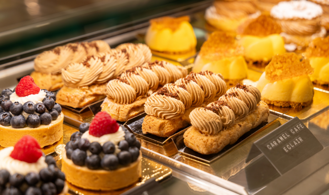 Pastries in a showcase display.