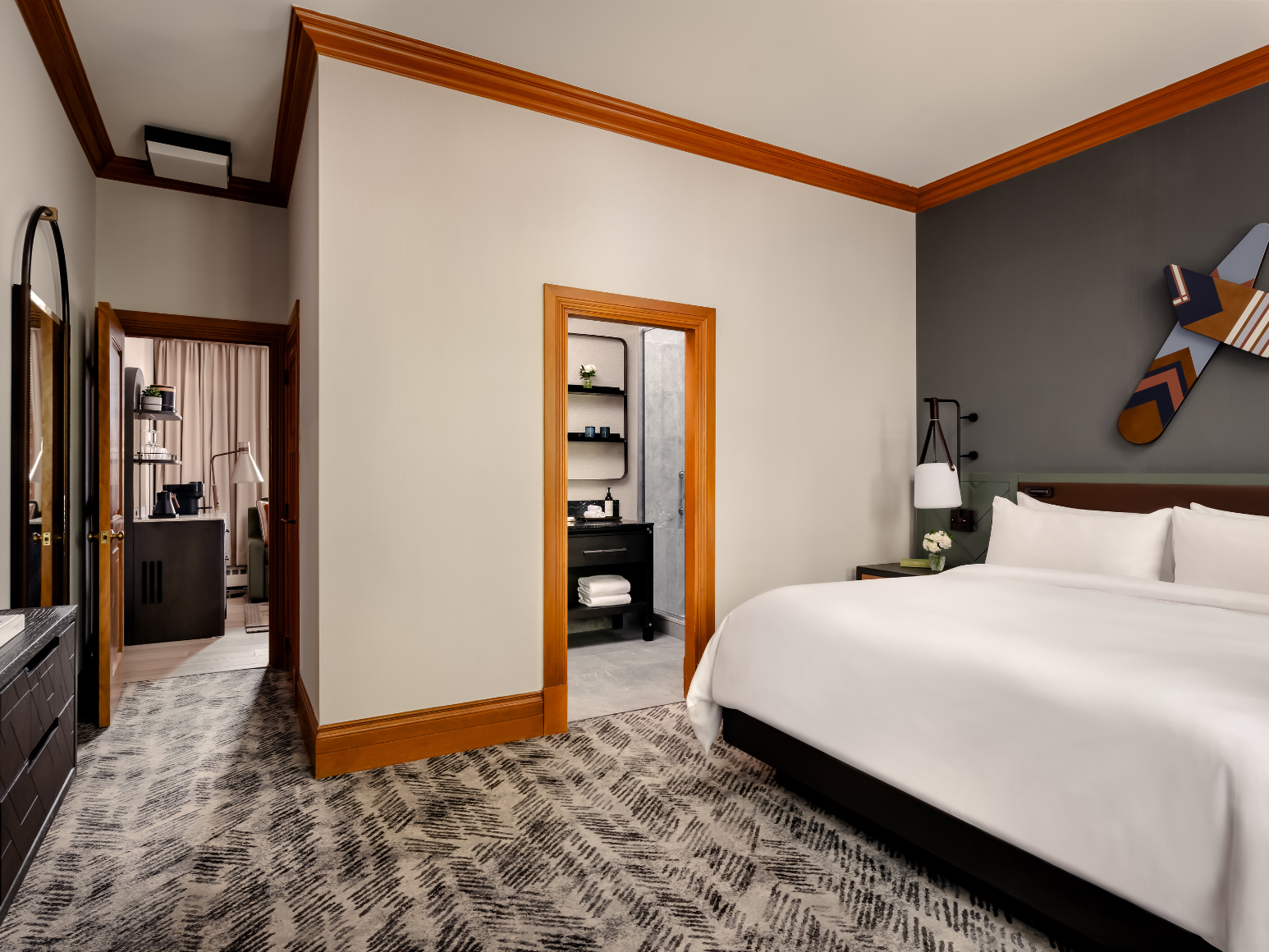Hotel room with a bed.