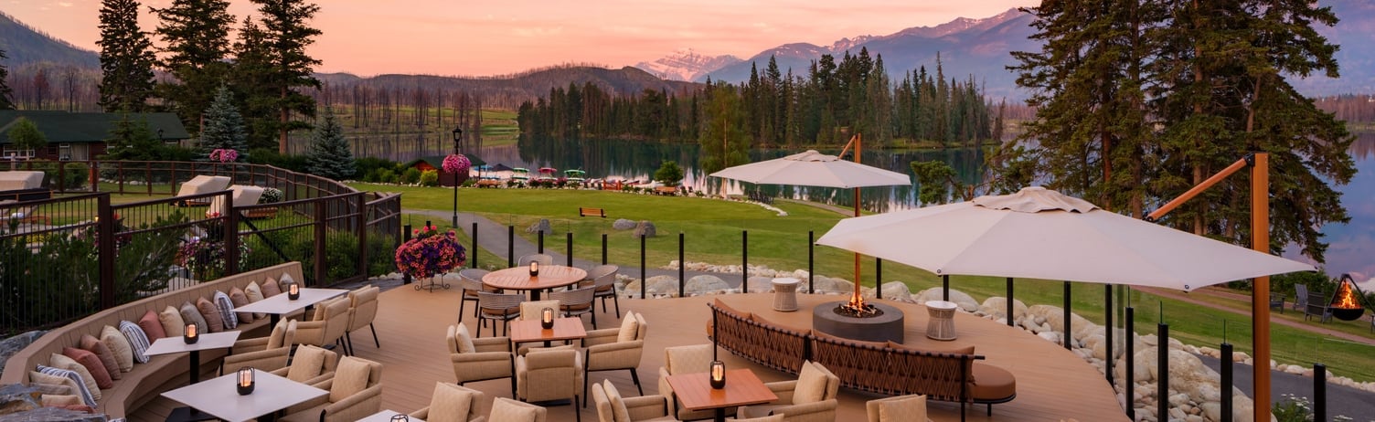 Sunset architectural photo of Elderwood Terrace at Fairmont Jasper Park Lodge