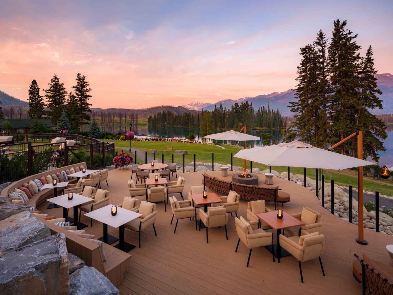 Sunset architectural photo of Elderwood Terrace at Fairmont Jasper Park Lodge