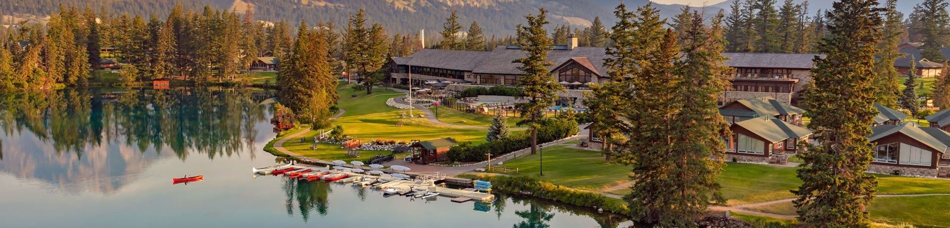 Drone shot of Fairmont Jasper Park Lodge.