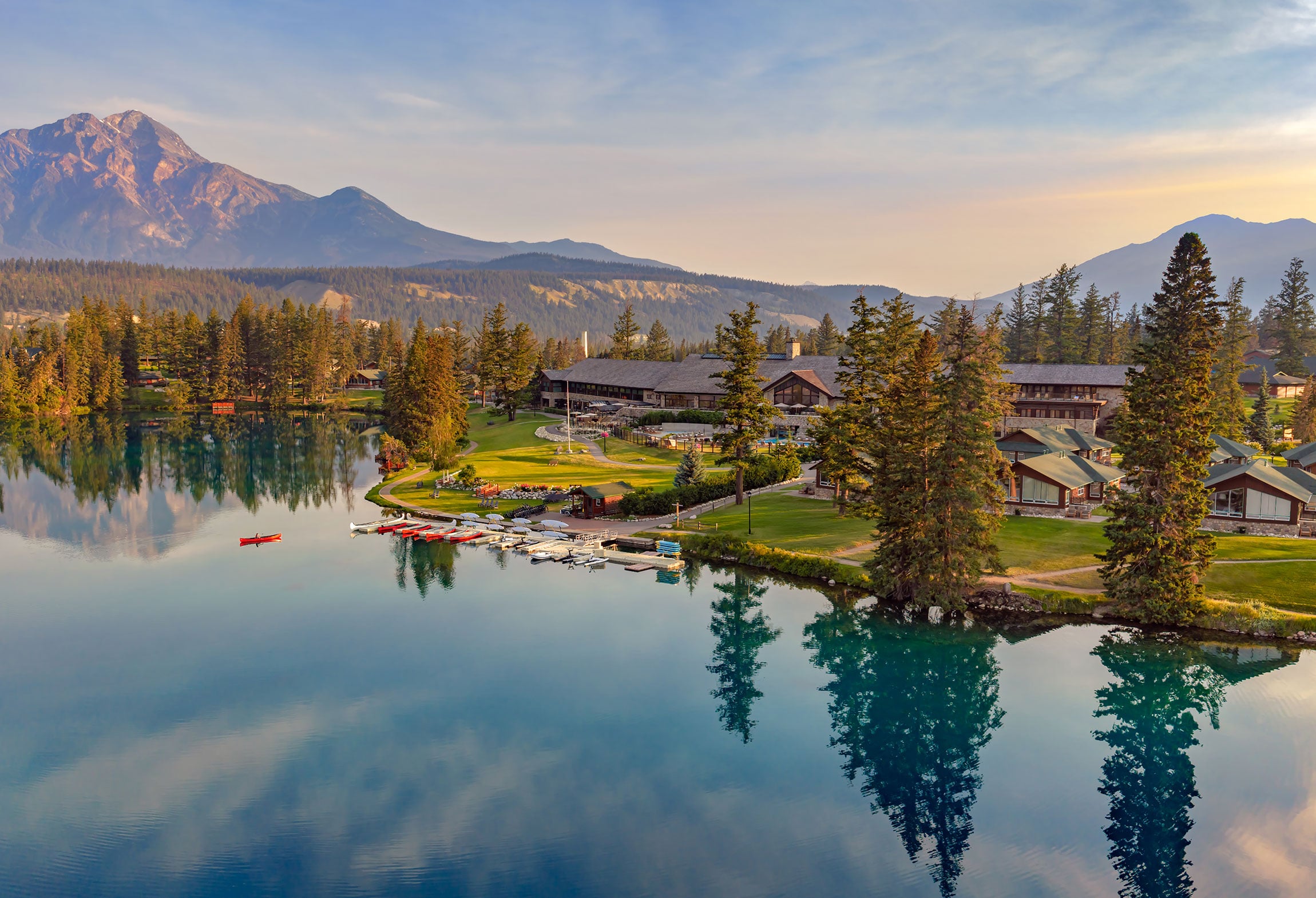 Drone shot of Fairmont Jasper Park Lodge.