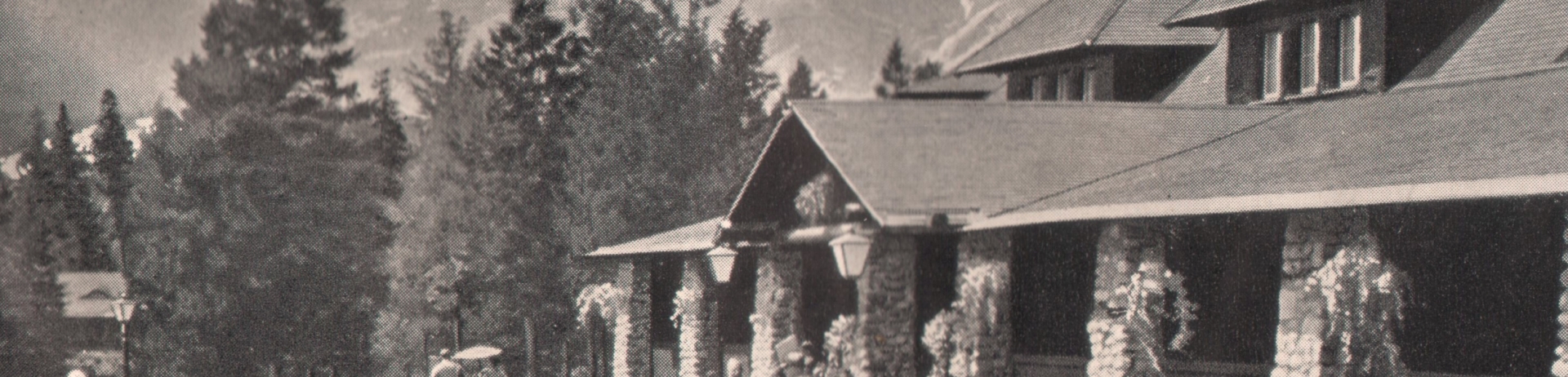 Historical image of guests standing in front of Fairmont Jasper Park Lodge.
